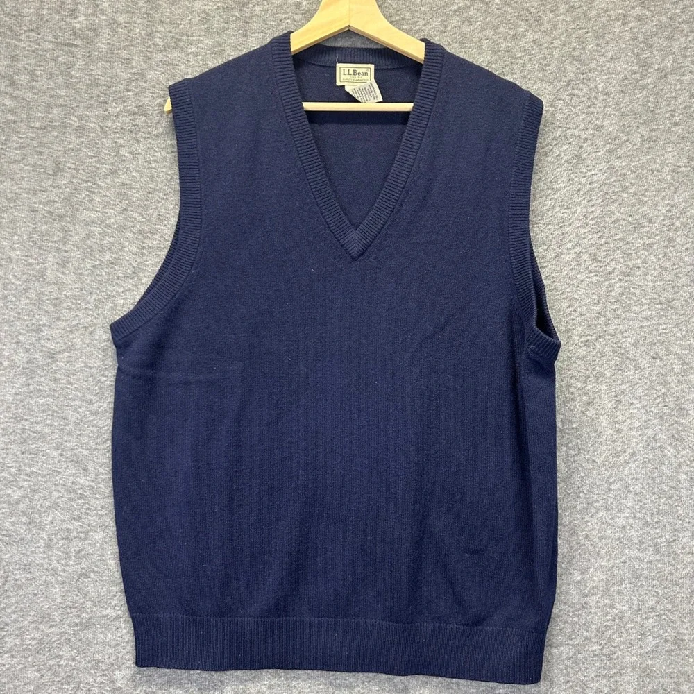 LL Bean Mens Navy Blue‎ 100% Lambswool V-Neck Sweater Vest Size Large L-REG